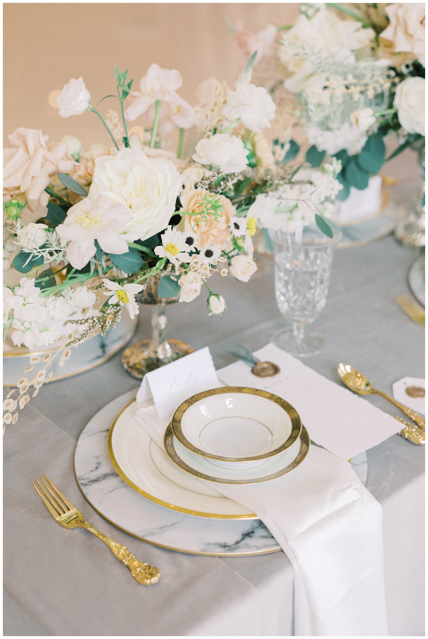 gold and white china place setting for Elevate and Educate styled shoot at the wedding venue Citadel Houston