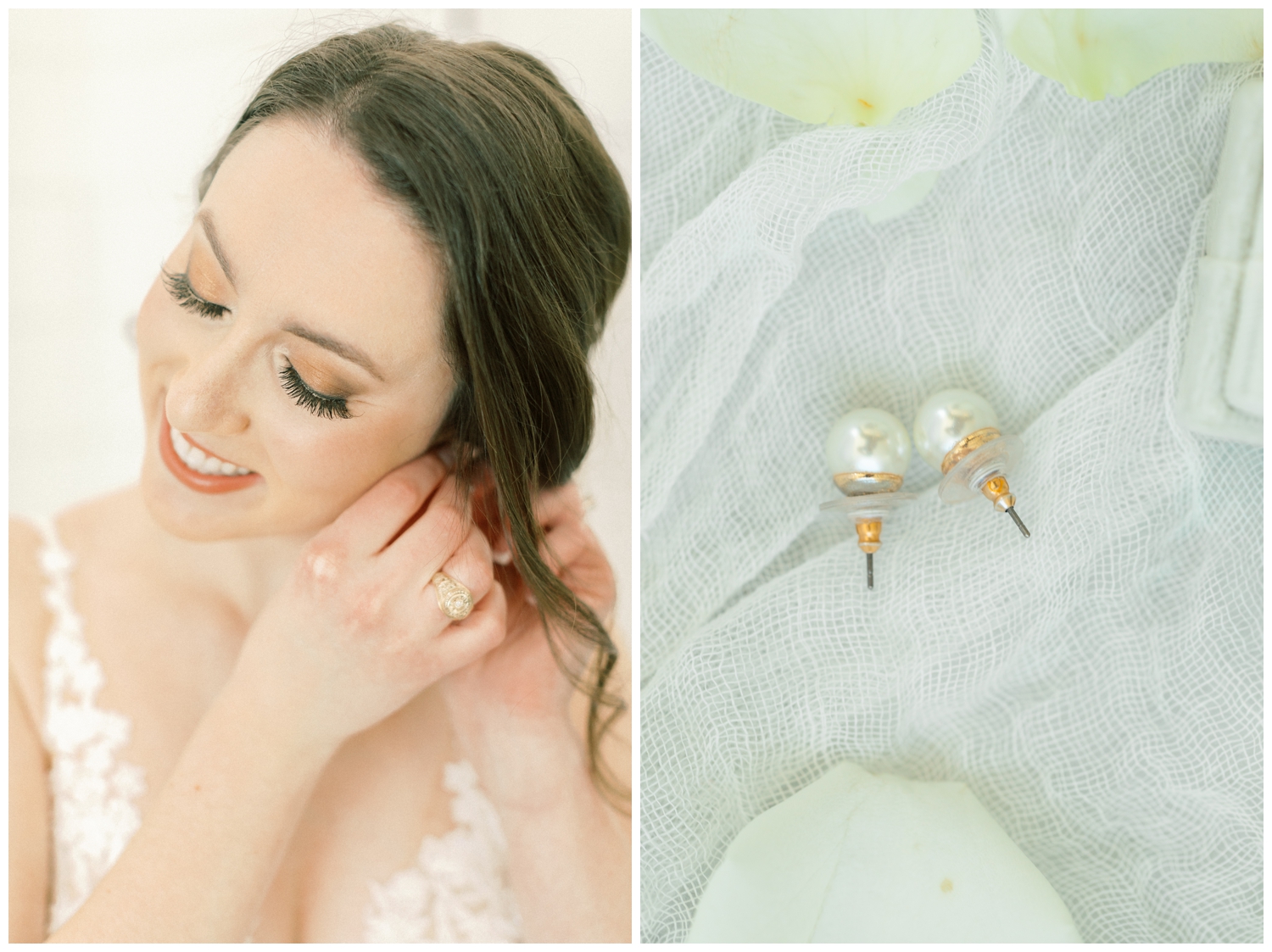 bride putting on earrings on wedding day