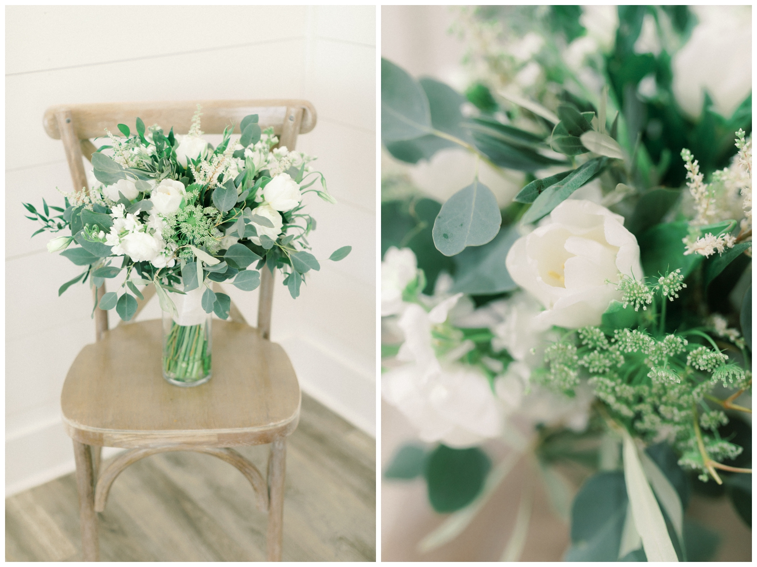all white bouquet with greenery