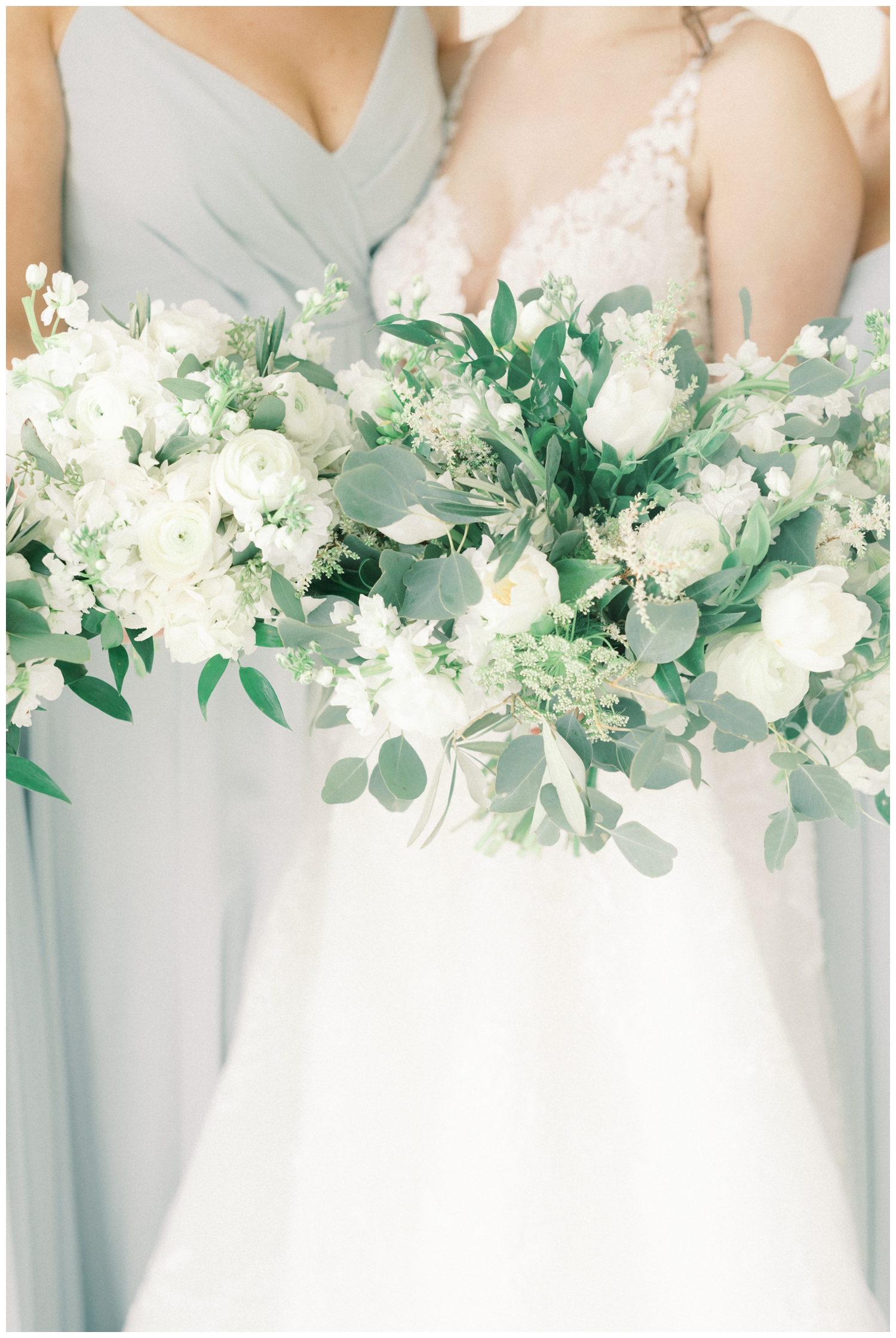 detailed shot of white and green bridal bouquet