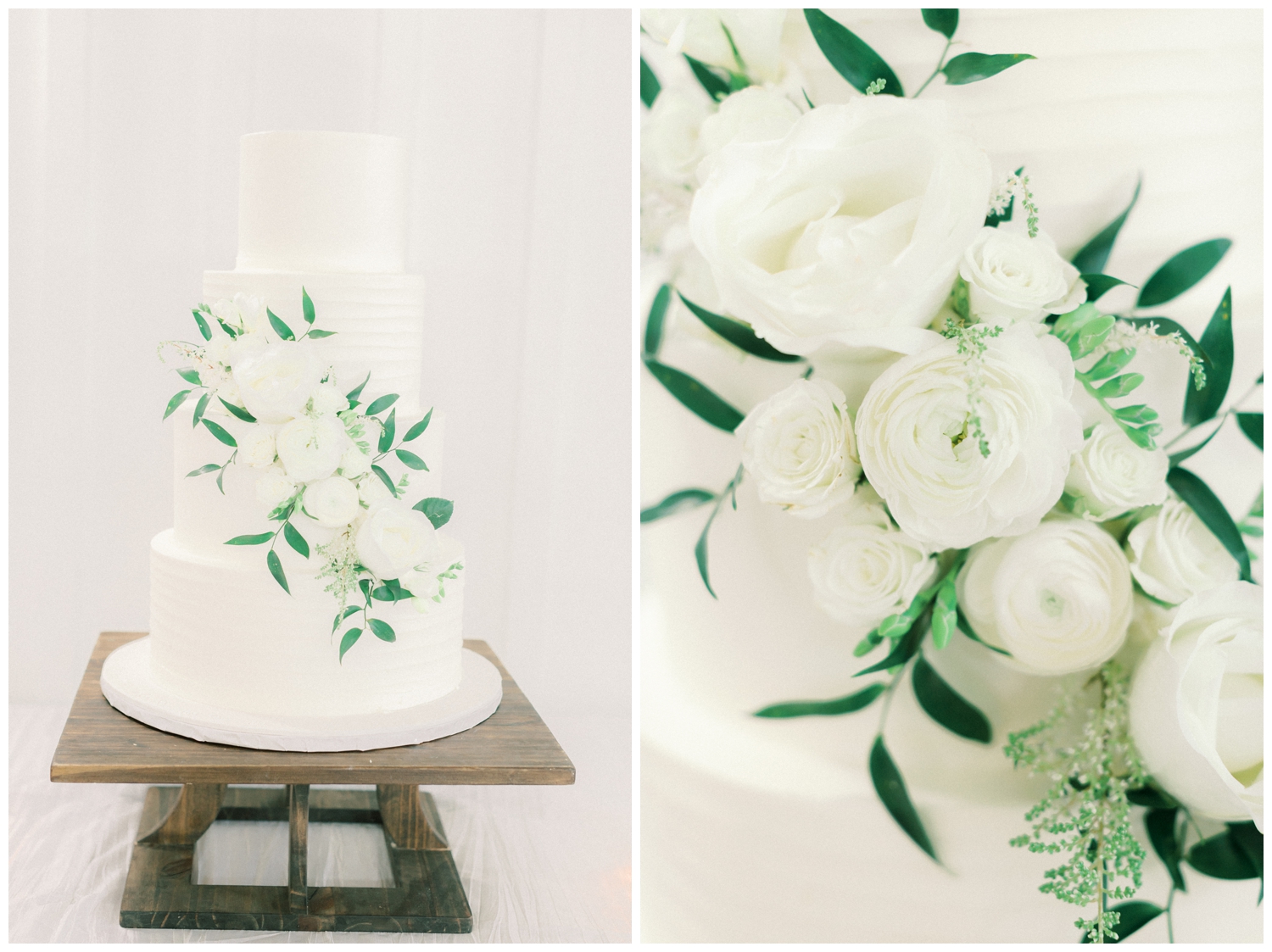 all white tiered wedding cake with greenery