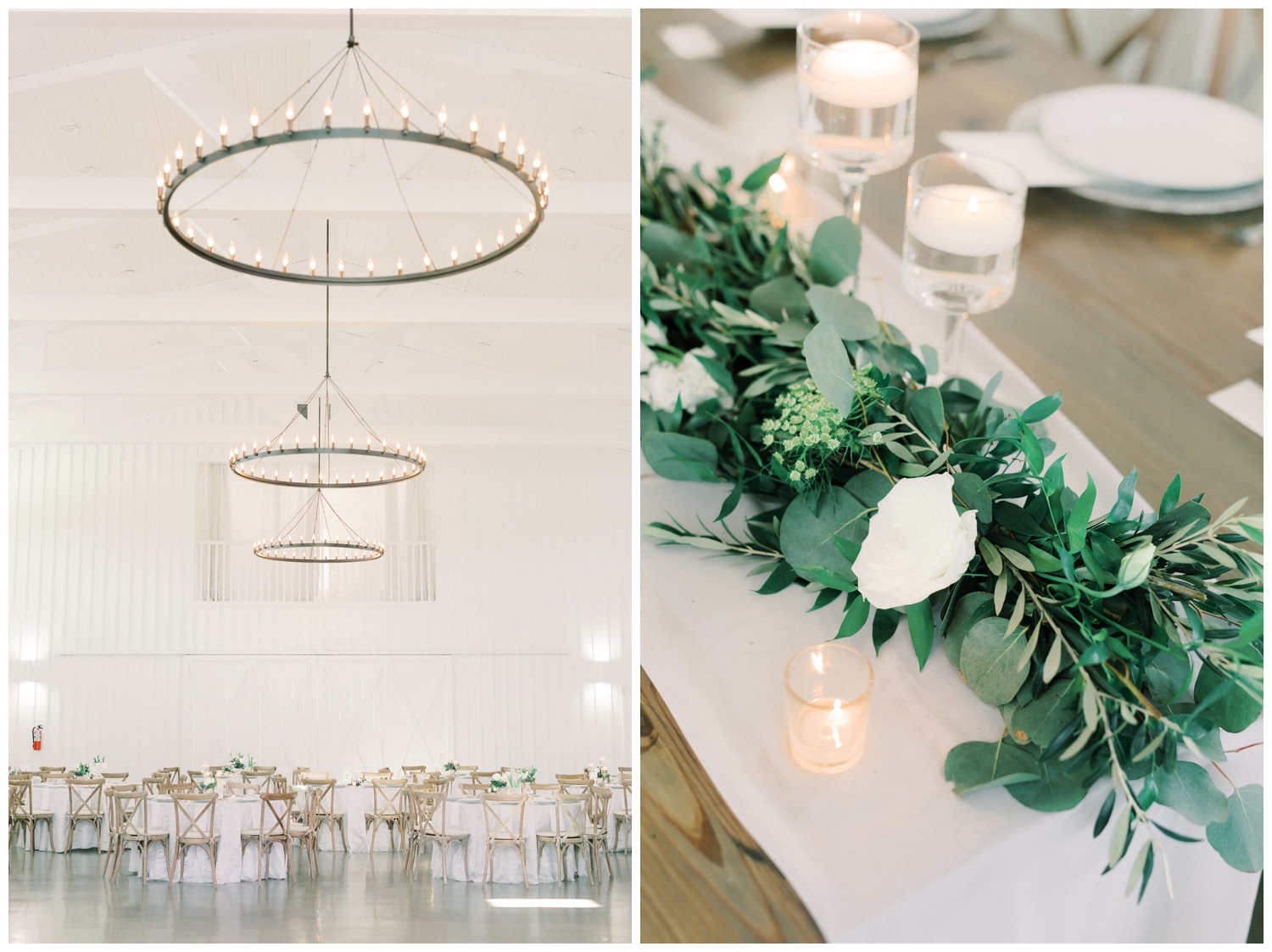 The Farmhouse wedding reception hall with chandelier and greenery on tables