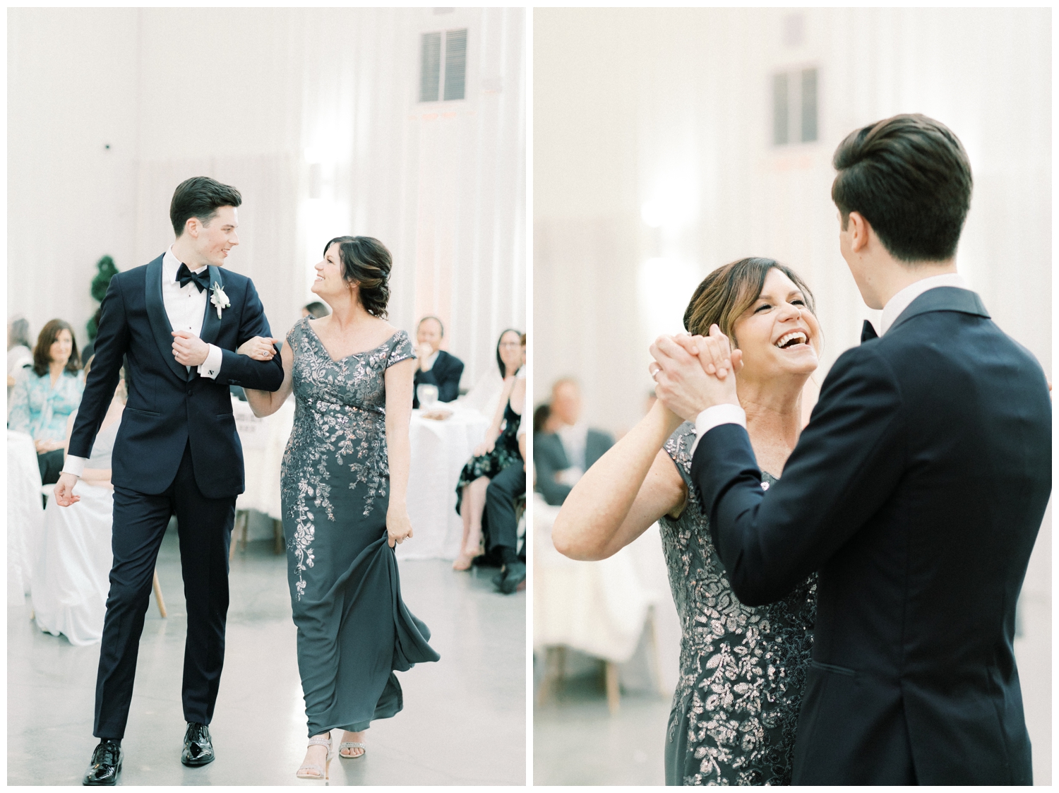 mother and groom dancing at Farmhouse reception in Montgomery Texas