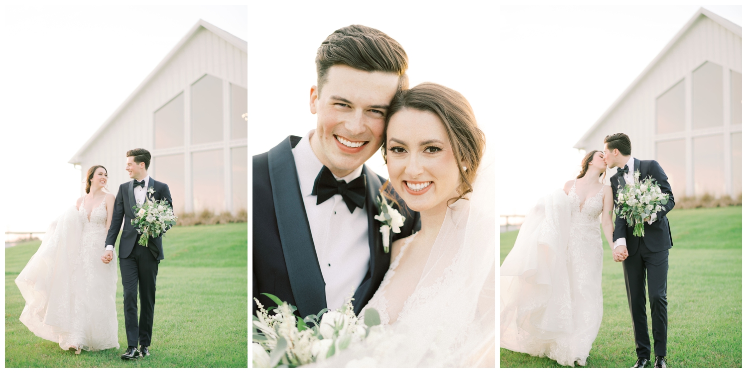 bride and groom on the lawn at The Farmhouse wedding in Montgomery Texas