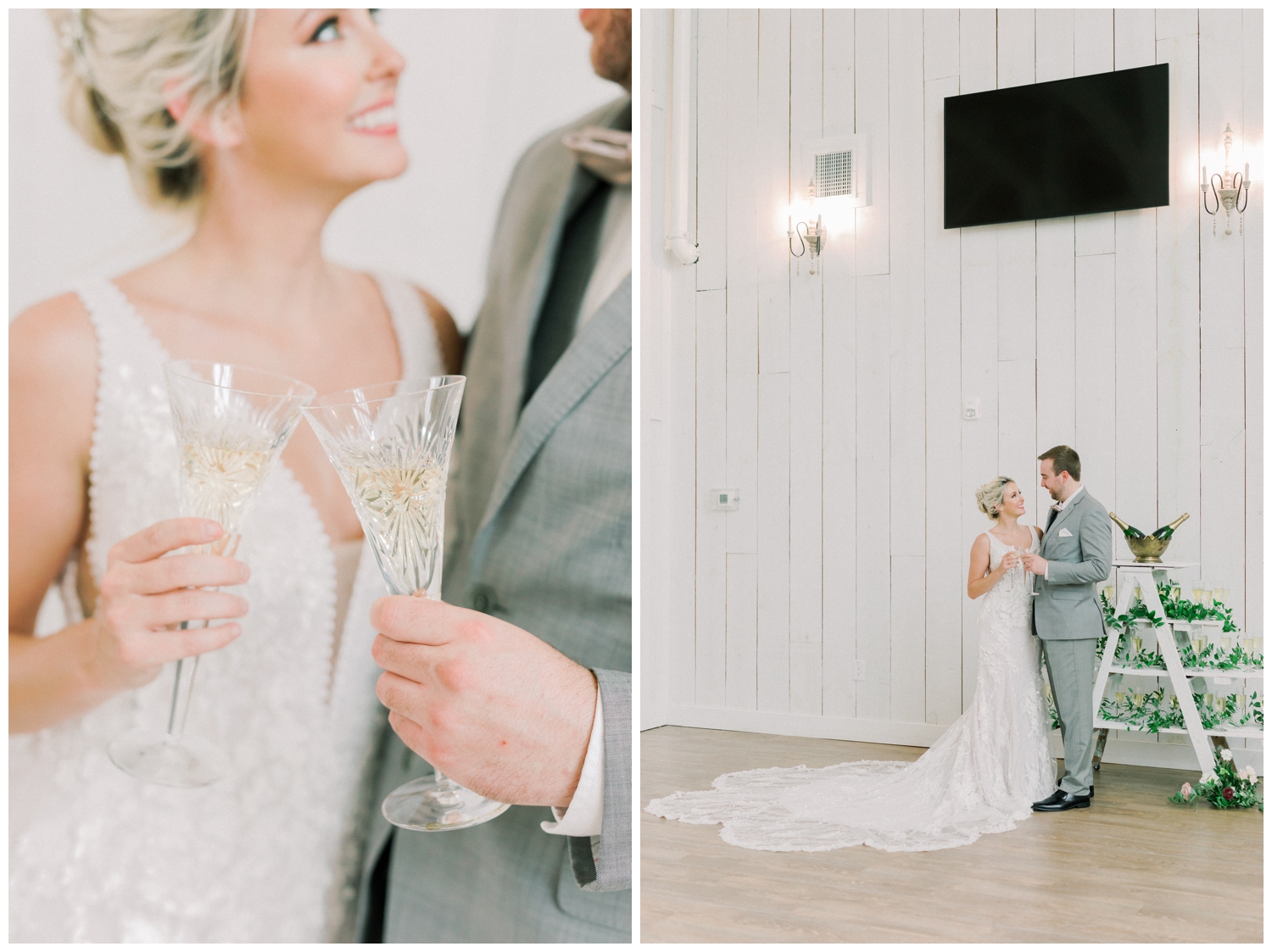 bride and groom toasting champagne at Wallisville white barn