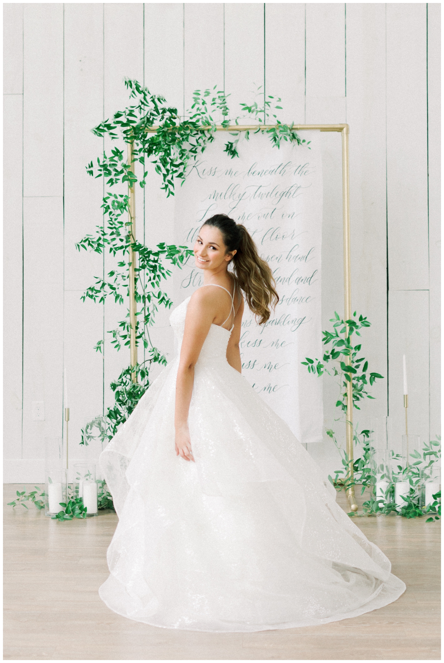 twirling dress bridal portrait inside Trinity Farmhouse Wallisville Wedding Venue
