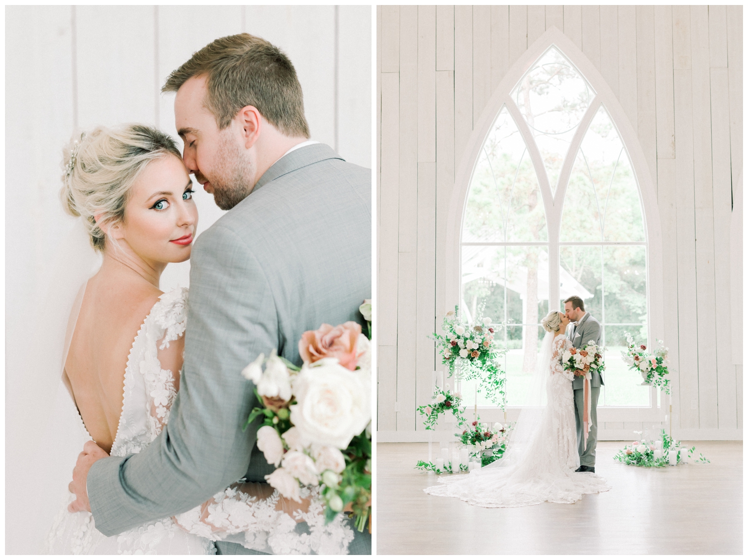 bride and groom at a indoor barn wedding venue