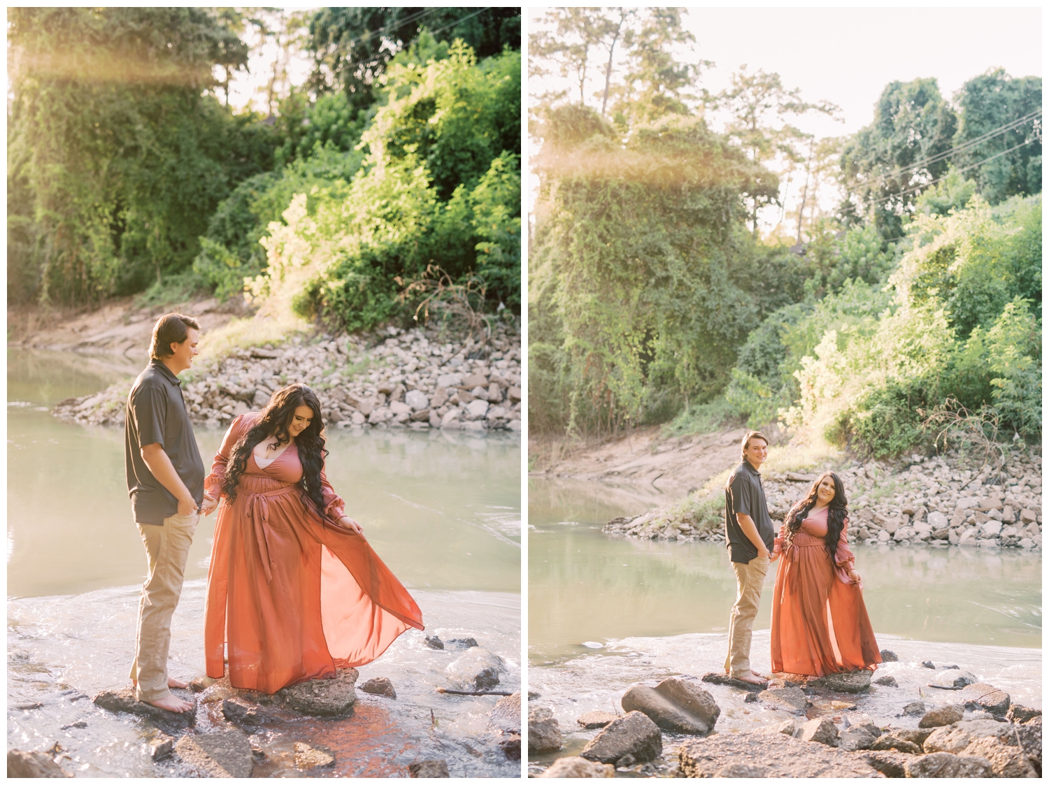 couple + engaged+flowing+dress