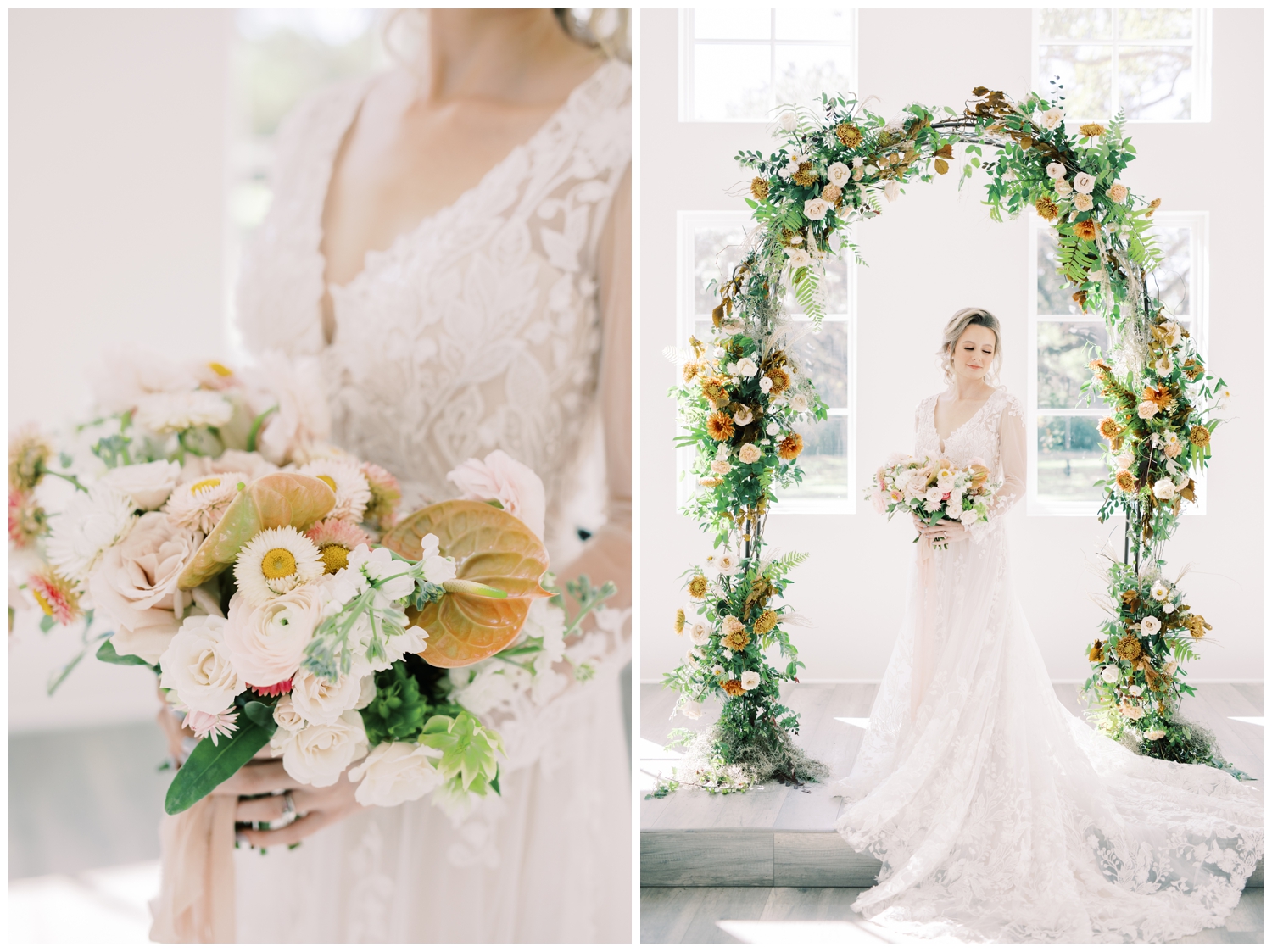 floral arch with bride at Addison Woods wedding venue