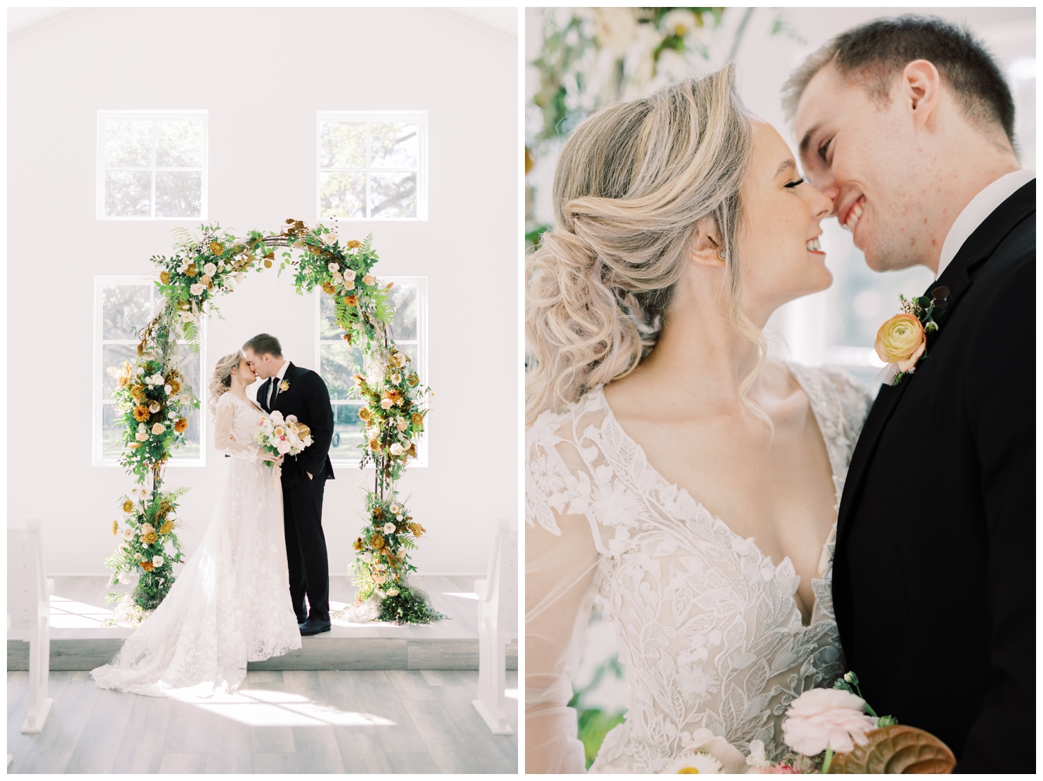 bride and groom kissing under floral arch in a chapel at Addison Woods wedding venue