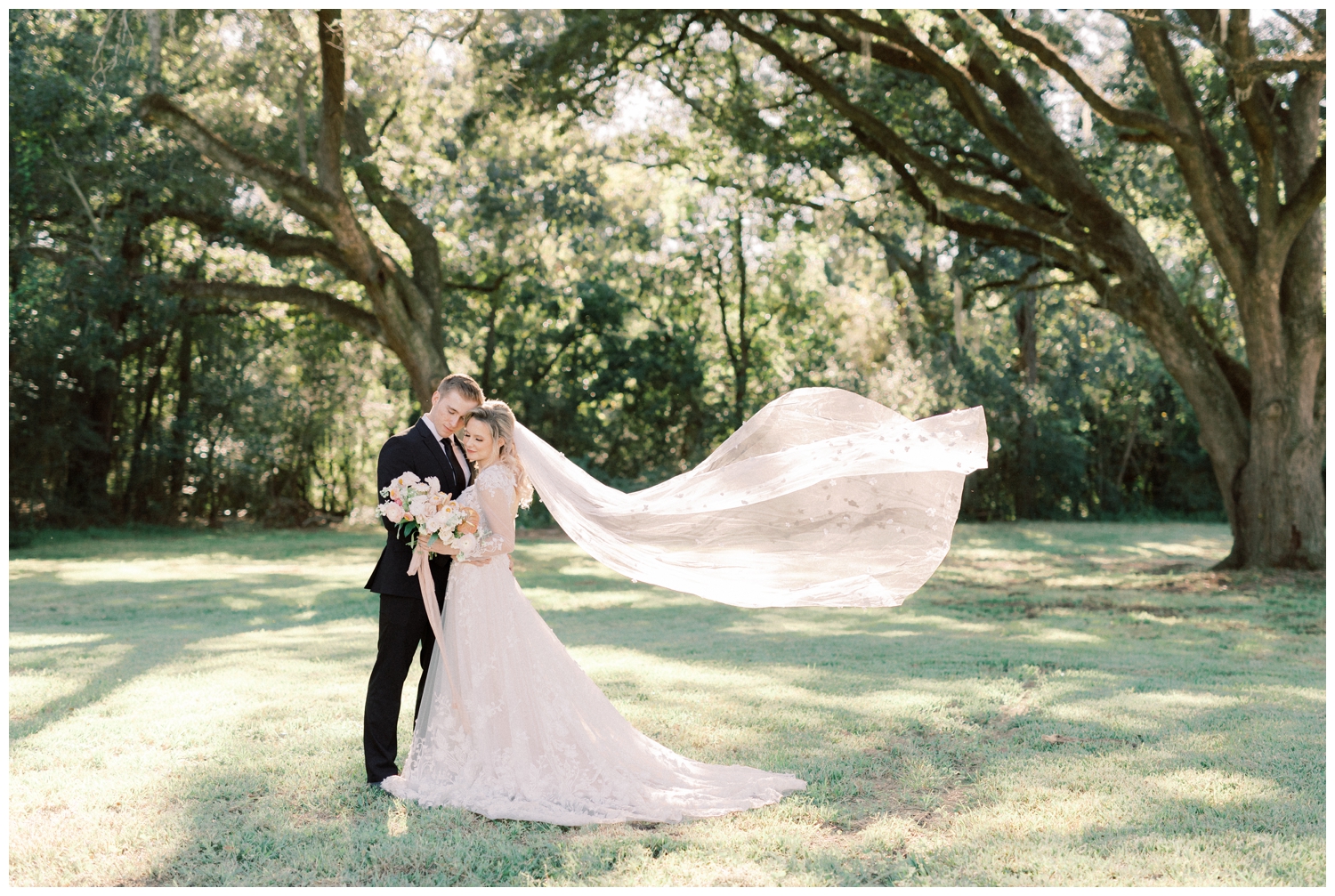 romantic veil toss with bride and groom under oak tree at wedding venue Addison Woods outside Houston Texas