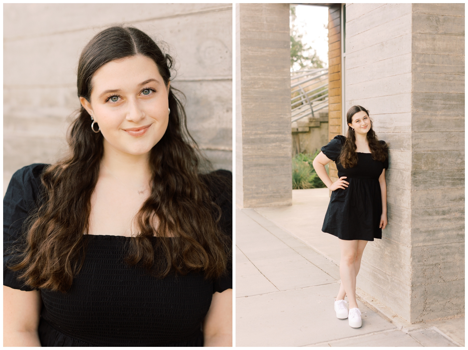 senior girl leaning against wall at Buffalo Bayou Park Houston with Reed Gallagher Photography