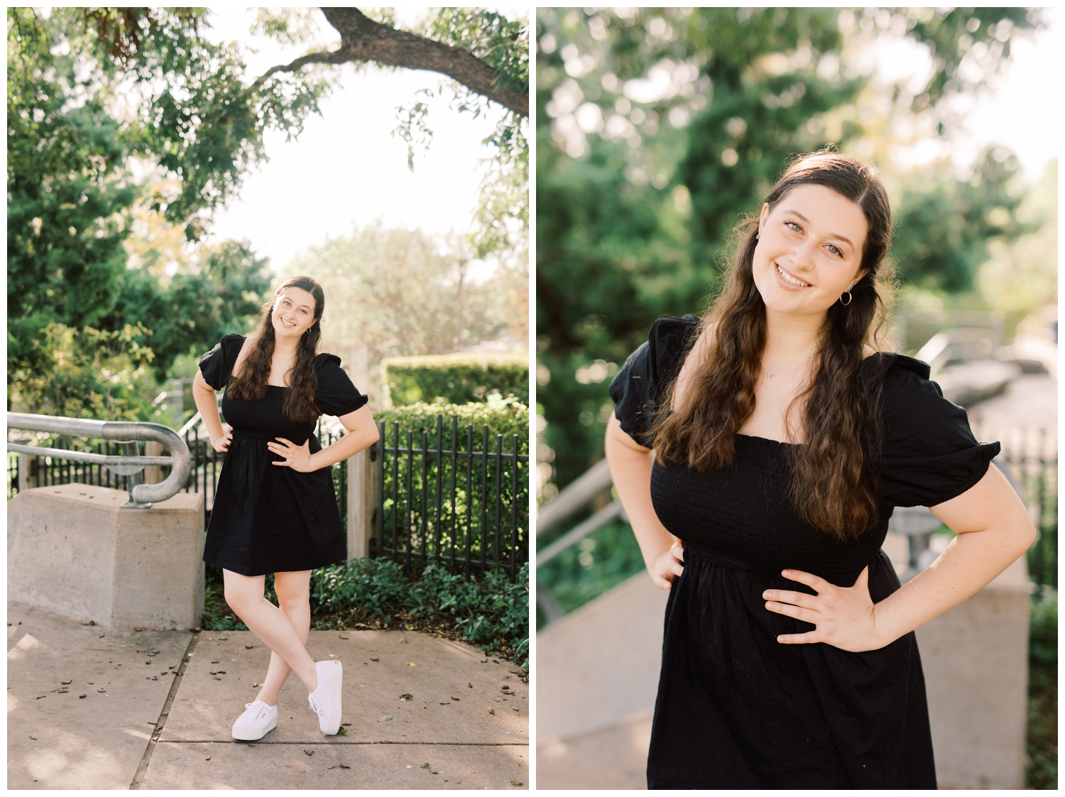 senior girl standing by a tree in Buffalo Bayou Park with Reed Gallagher Photography
