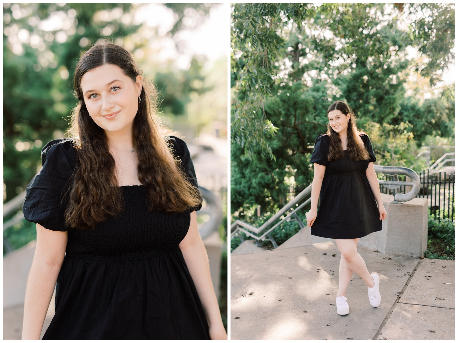 high school senior twirling her dress in front of steps at Buffalo Bayou Park Houston Texas with Reed Gallagher Photography