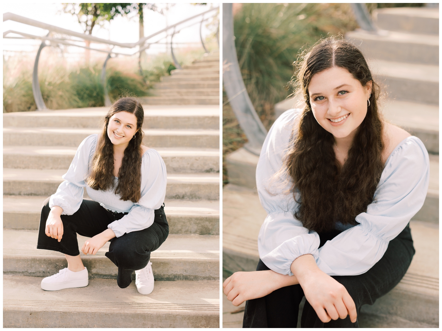 senior portrait session with girl sitting on stairs at Buffalo Bayou Park Houston Texas with Reed Gallagher Photography