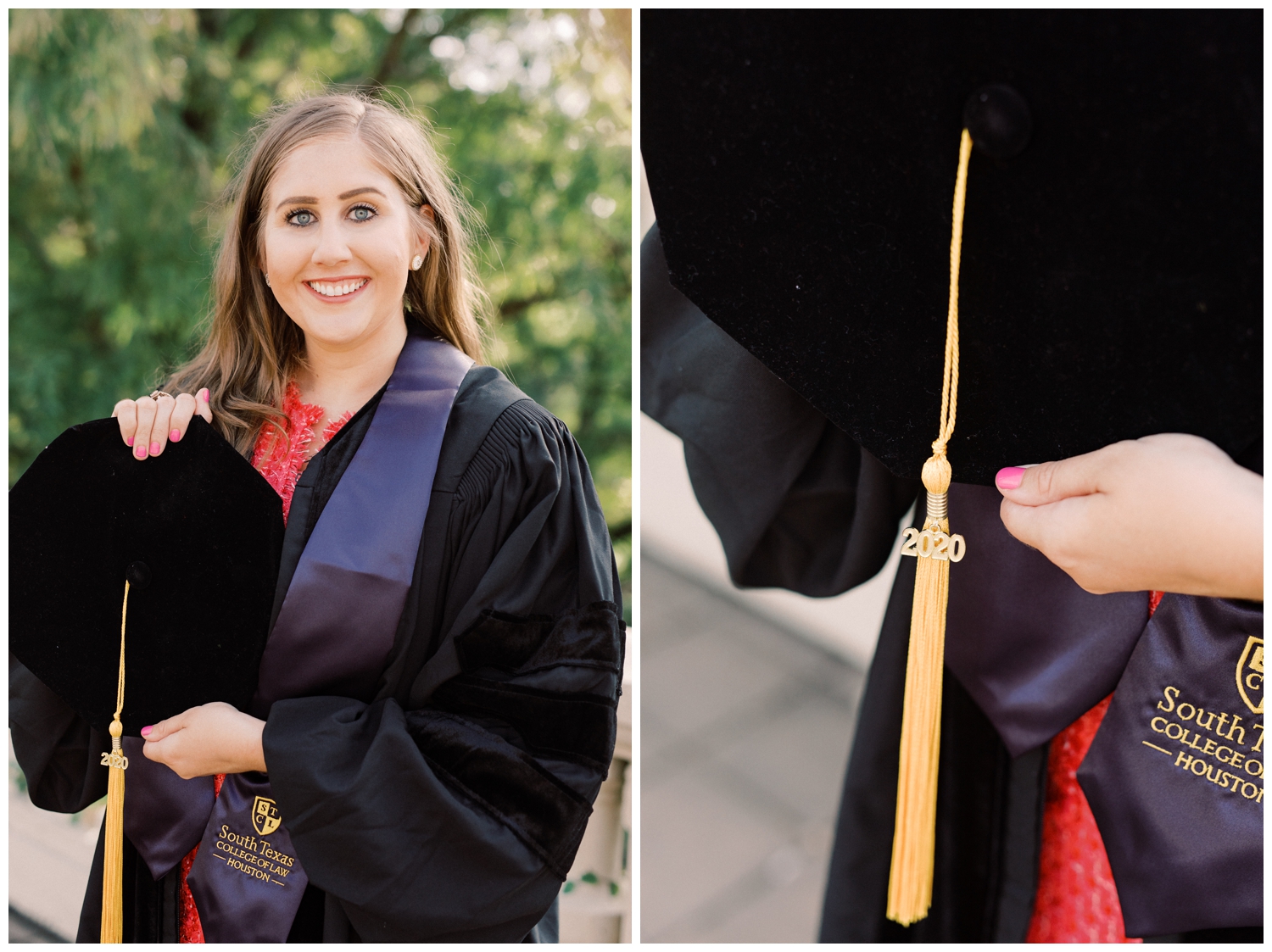 Cap and gown portrait Sabrine Bridge downtown Houston downtown with Reed Gallagher Photography