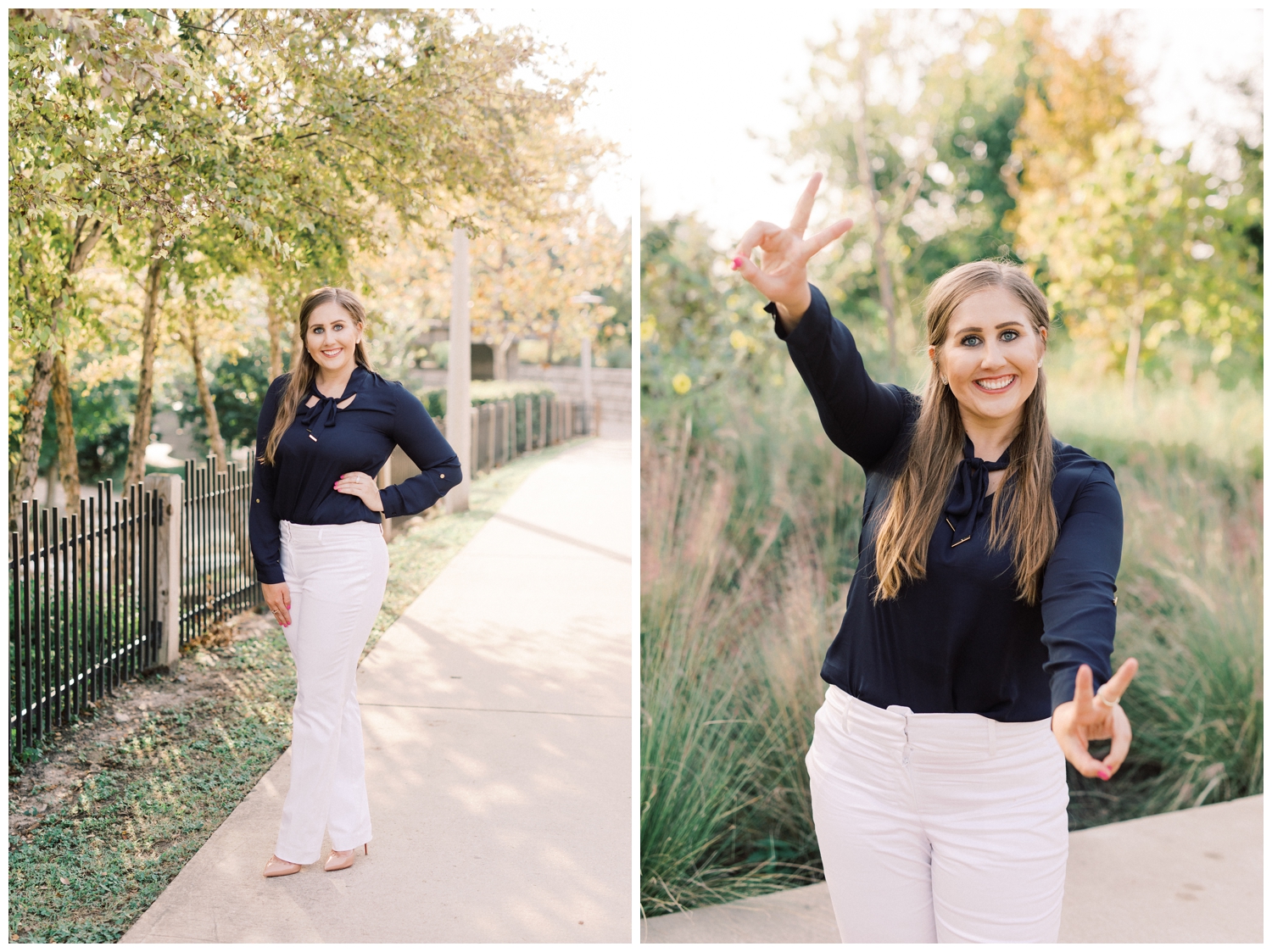 girl posing with peace signs at Sabine Bridge downtown Houston senior session