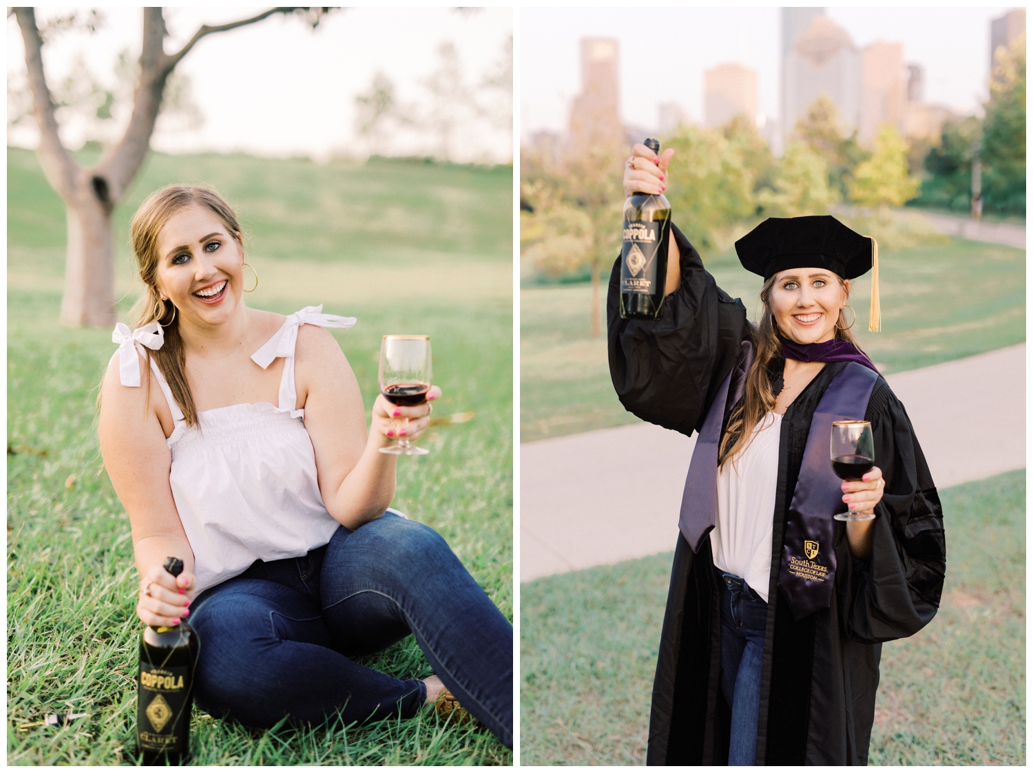 girl drinking wine at her senior session in Eleanor Tinsley park