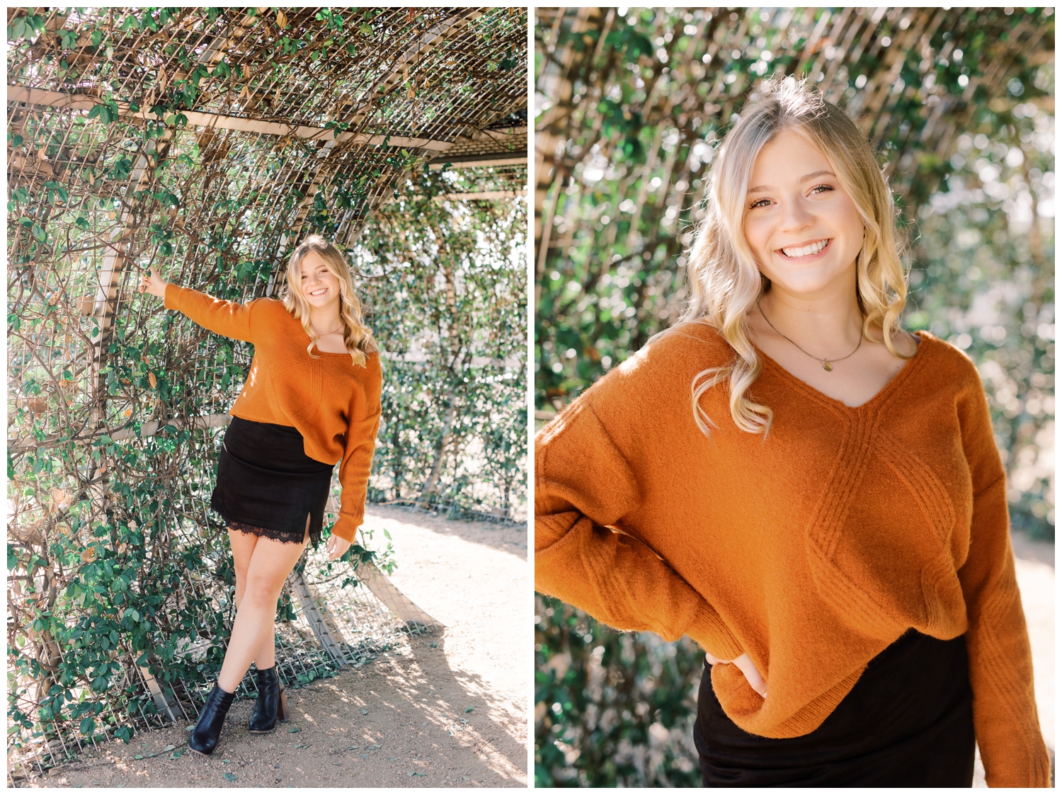 senior session with girl leaning on garden wall at Buffalo Bayou in Houston Texas