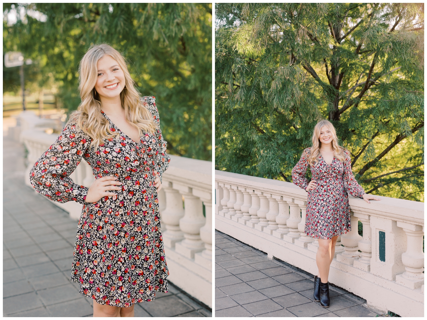 high school girl in floral dress in front of Sabine bridge at Buffalo Bayou for Houston senior portrait session