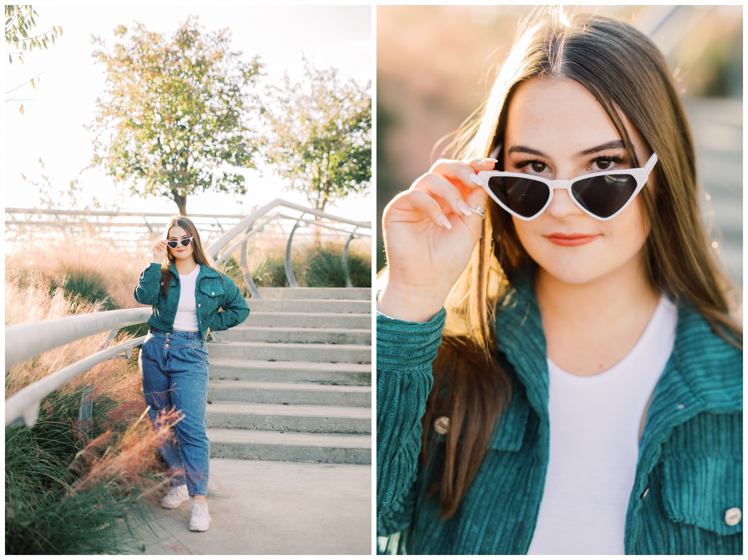 high school senior girl posing with heart shaped sunglasses during a houston senior photography session downtown Houston