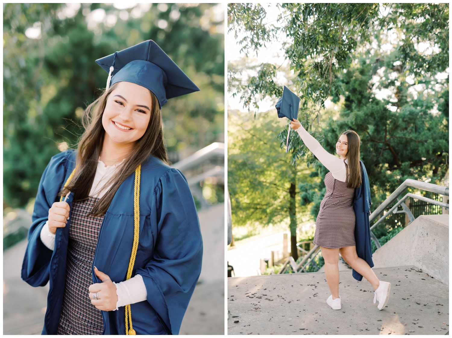 girl standing in front of trees in cap and gown in downtown Houston with Houston senior photographer Reed Gallagher Photography