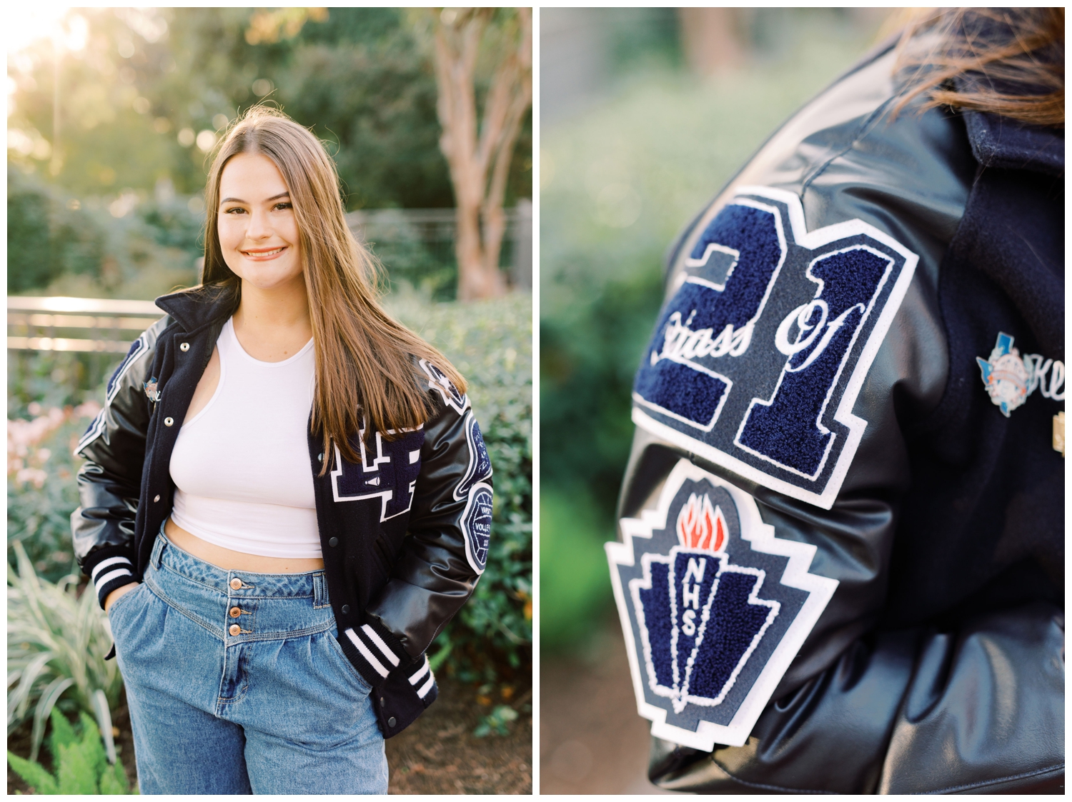 girl wearing letter jacket for high school senior photography session in downtown Houston