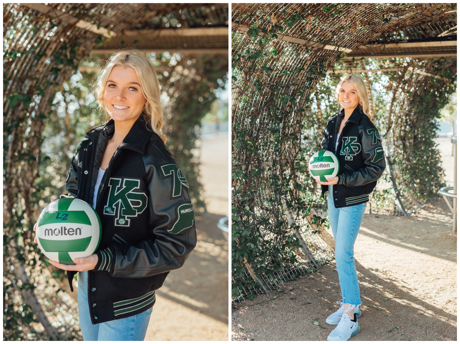 senior girl in letter jacket posing with volleyball for Houston senior photographer at Eleanor Tinsley Park