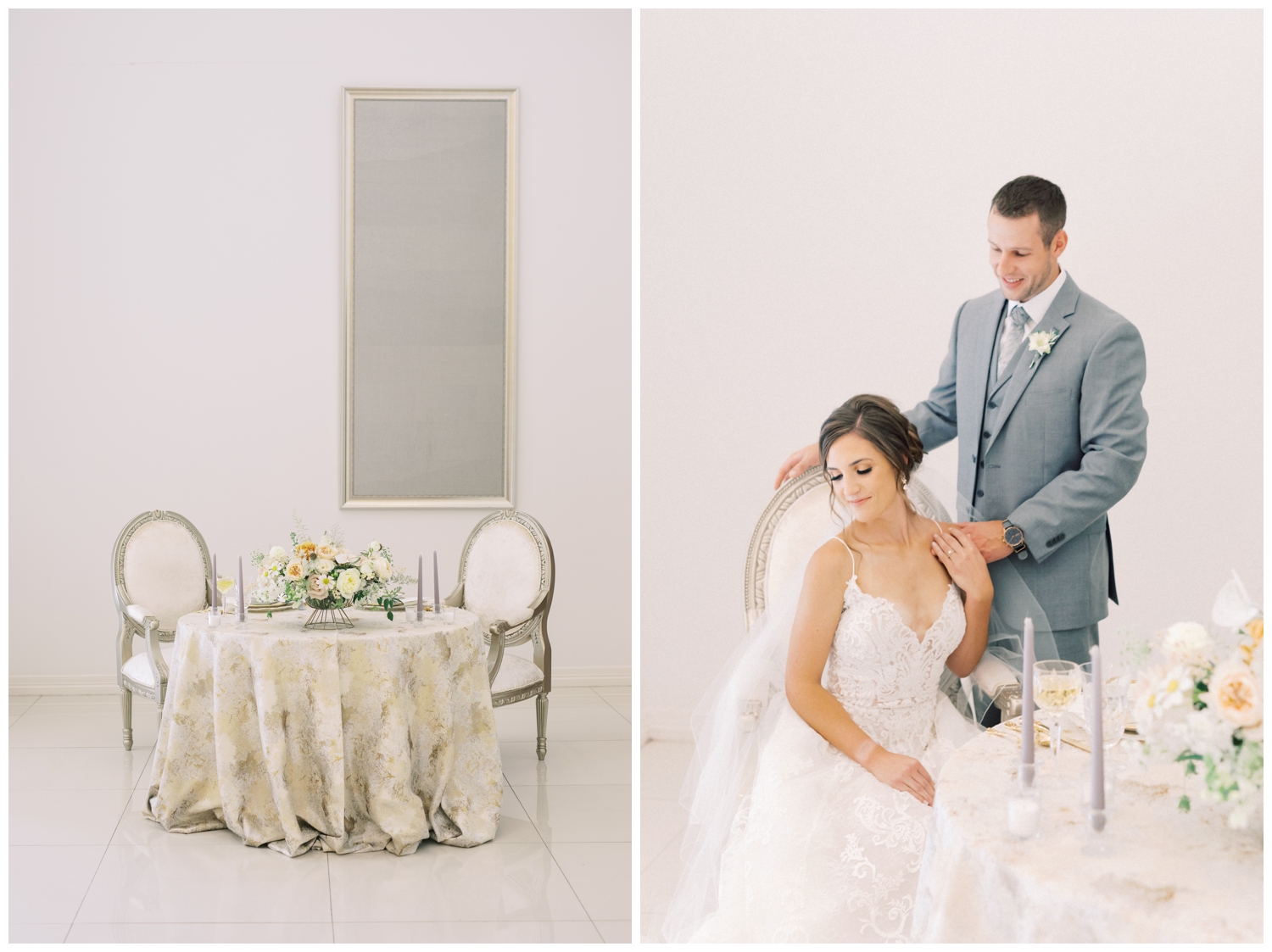 bride and groom posing at a sweetheart table