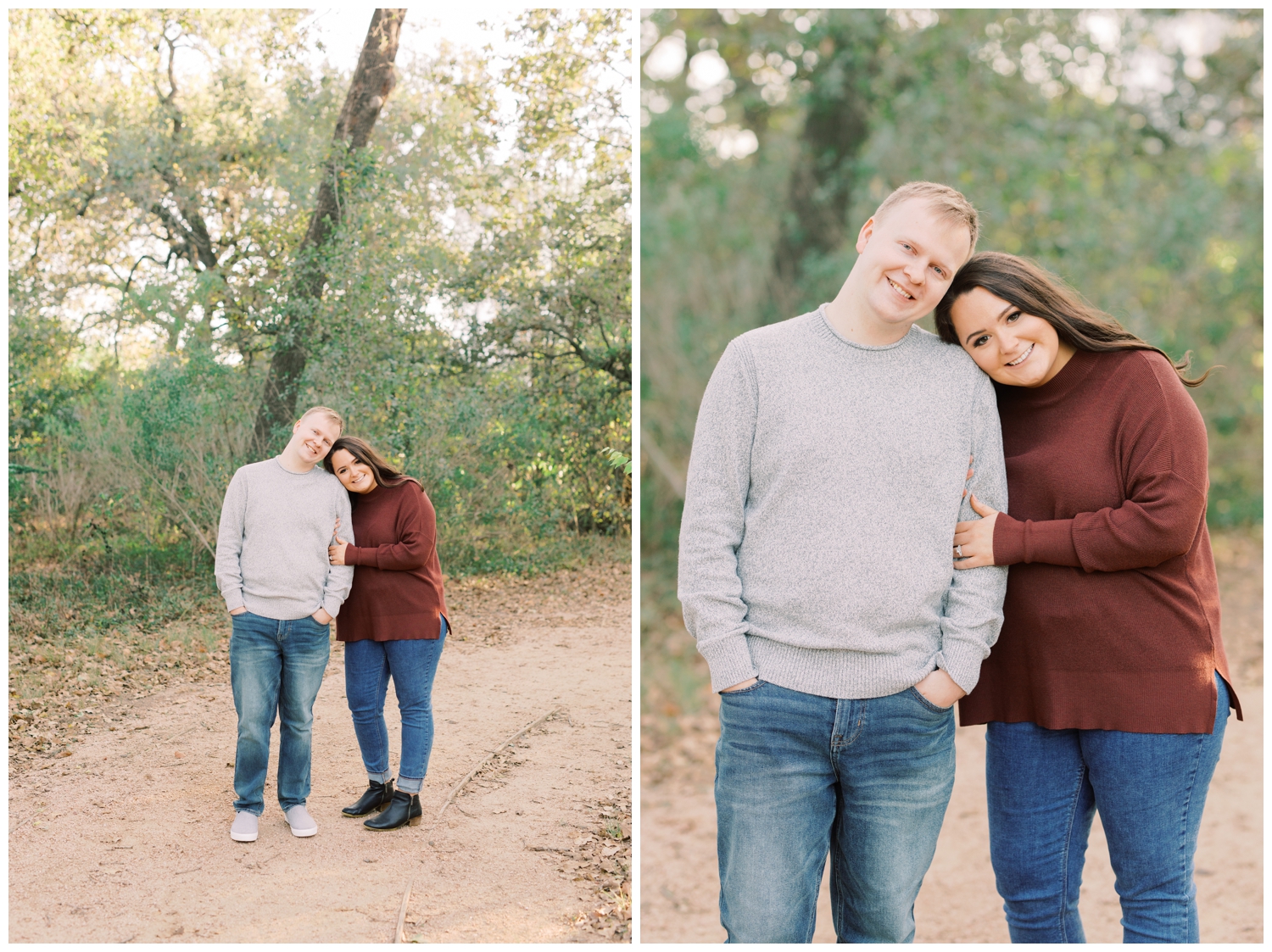 an engagement photo with the couple nuzzling in to each other at Hermann Park