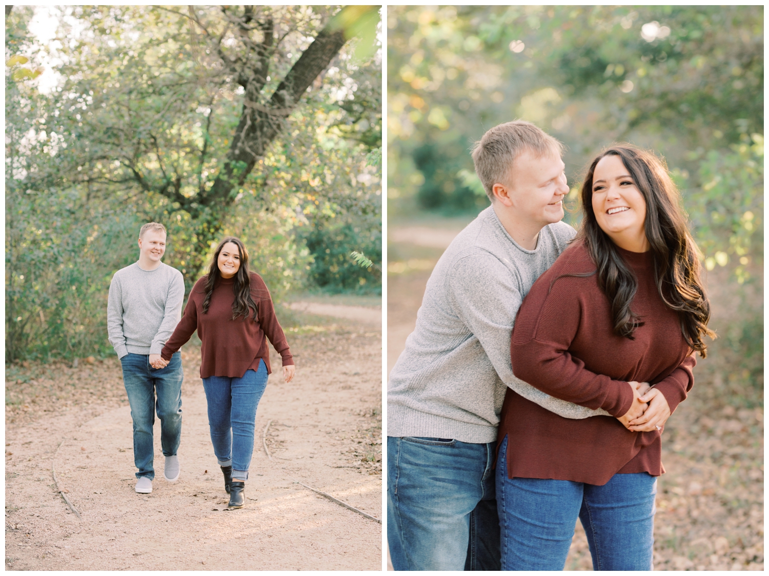 couple laughing and walking during engagement session in Houston