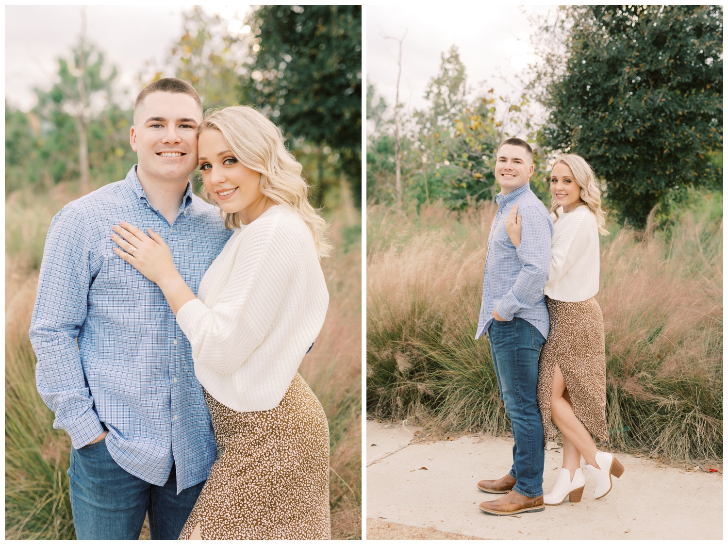 bride and groom posing for engagement session at Eleanor Tinsley park in Houston Texas