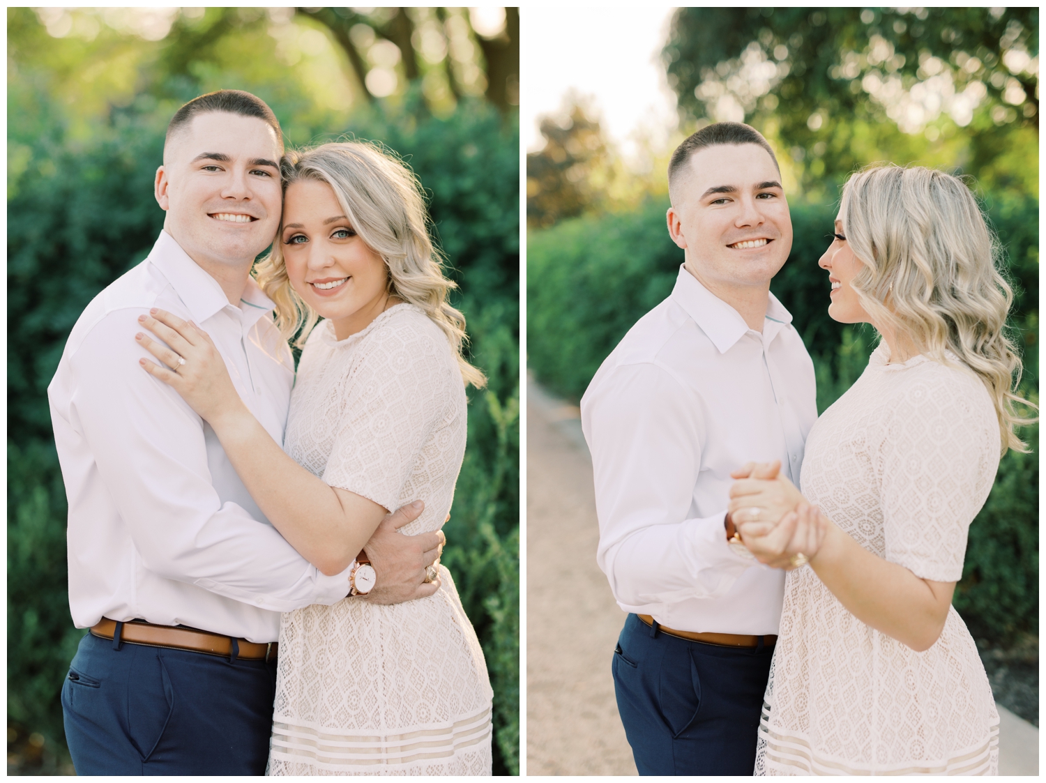 engaged couple dancing during engagement portrait session in Houston Texas at Buffalo Bayou