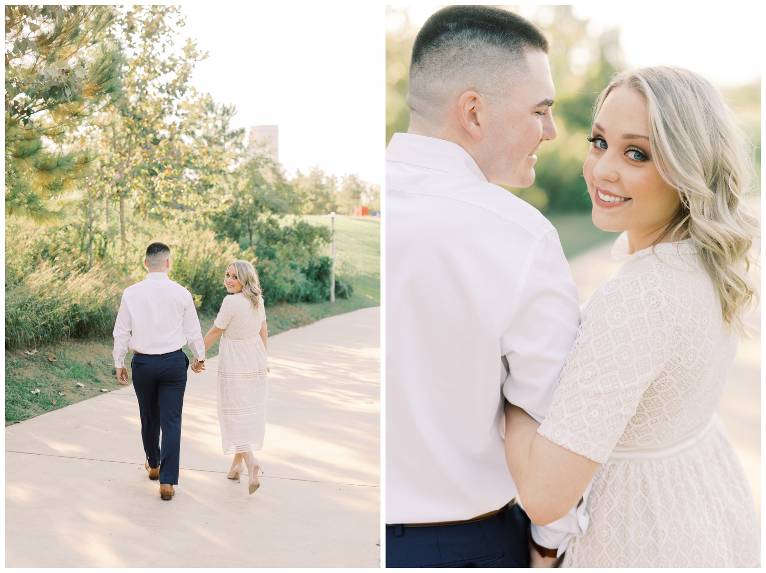engaged couple walking at Buffalo Bayou park for a Houston engagement session with Reed Gallagher Photography