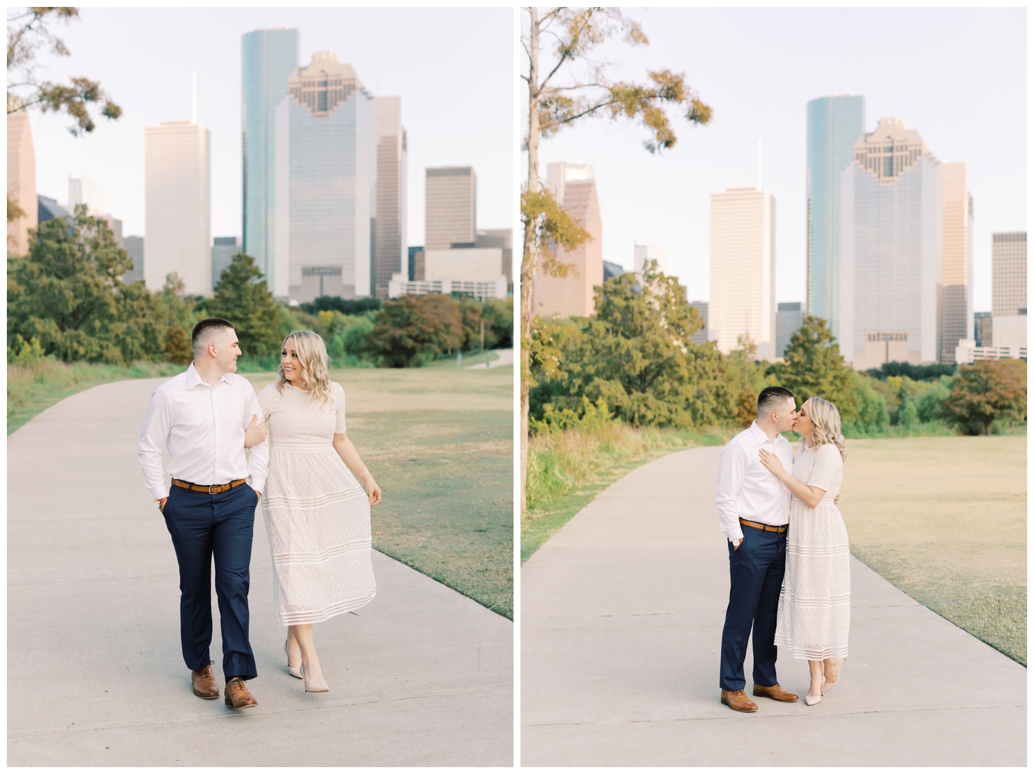 engaged couple walking during engagement session in front of Houston skyline at Buffalo Bayou Park