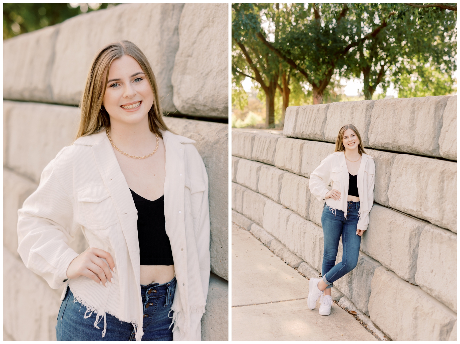 Houston senior portrait photography with girl leaning against wall downtown Houston