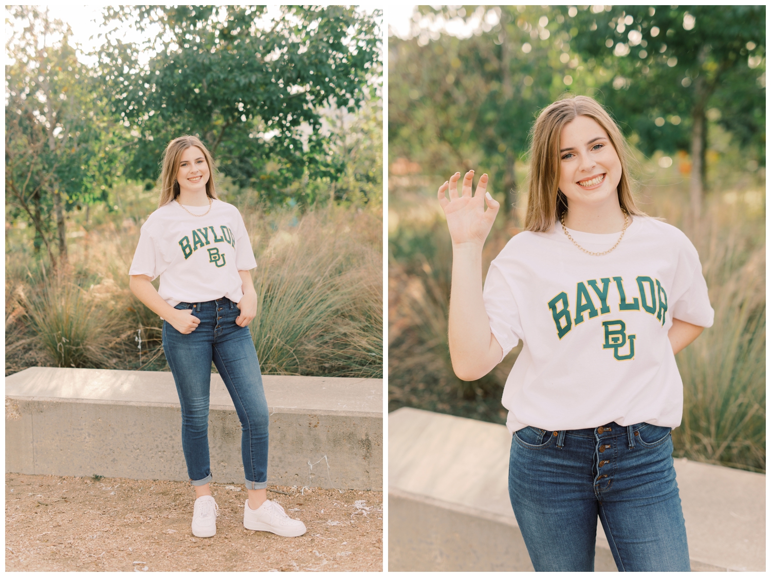 high school senior posing in college shirt for senior photography session in downtown Houston