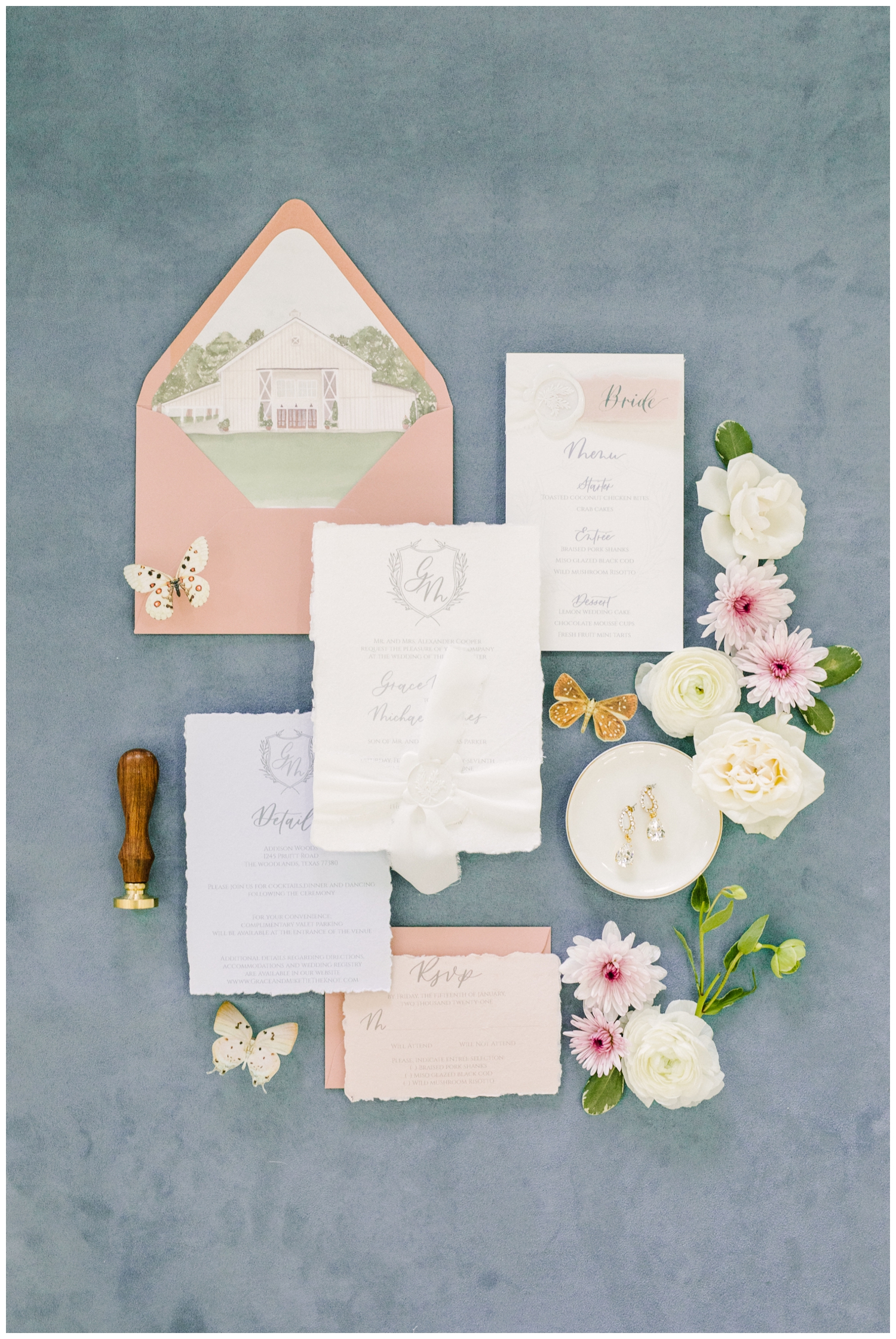 gorgeous invitation suite flat lay inspiration from a styled shoot at Addison Woods in Spring Texas