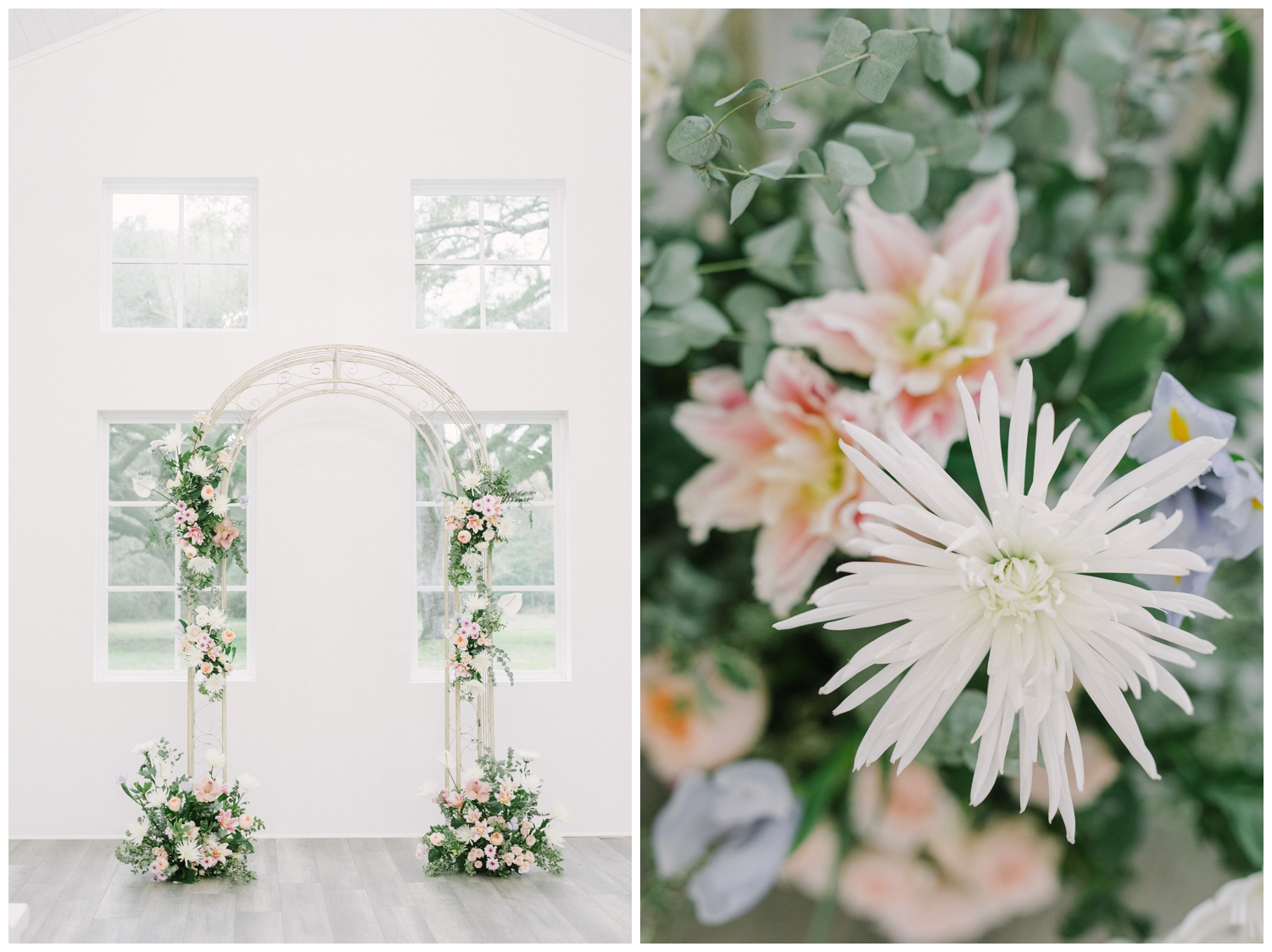 close up of florals creating a stunning floral arch inside a Springs wedding chapel