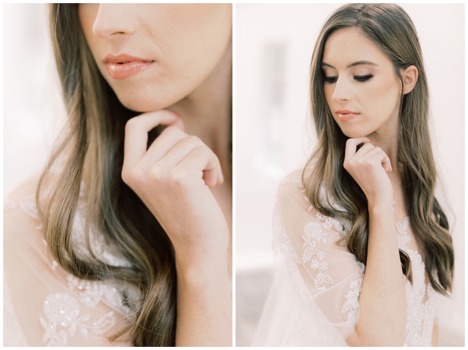 closeup of a bride with finger on her chin at a styled shoot in Houston, Texas