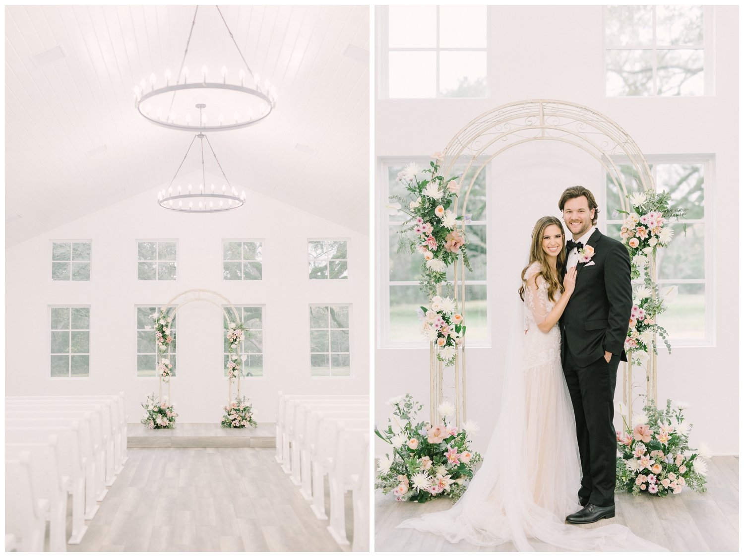 all white chapel with bride and groom and floral arch