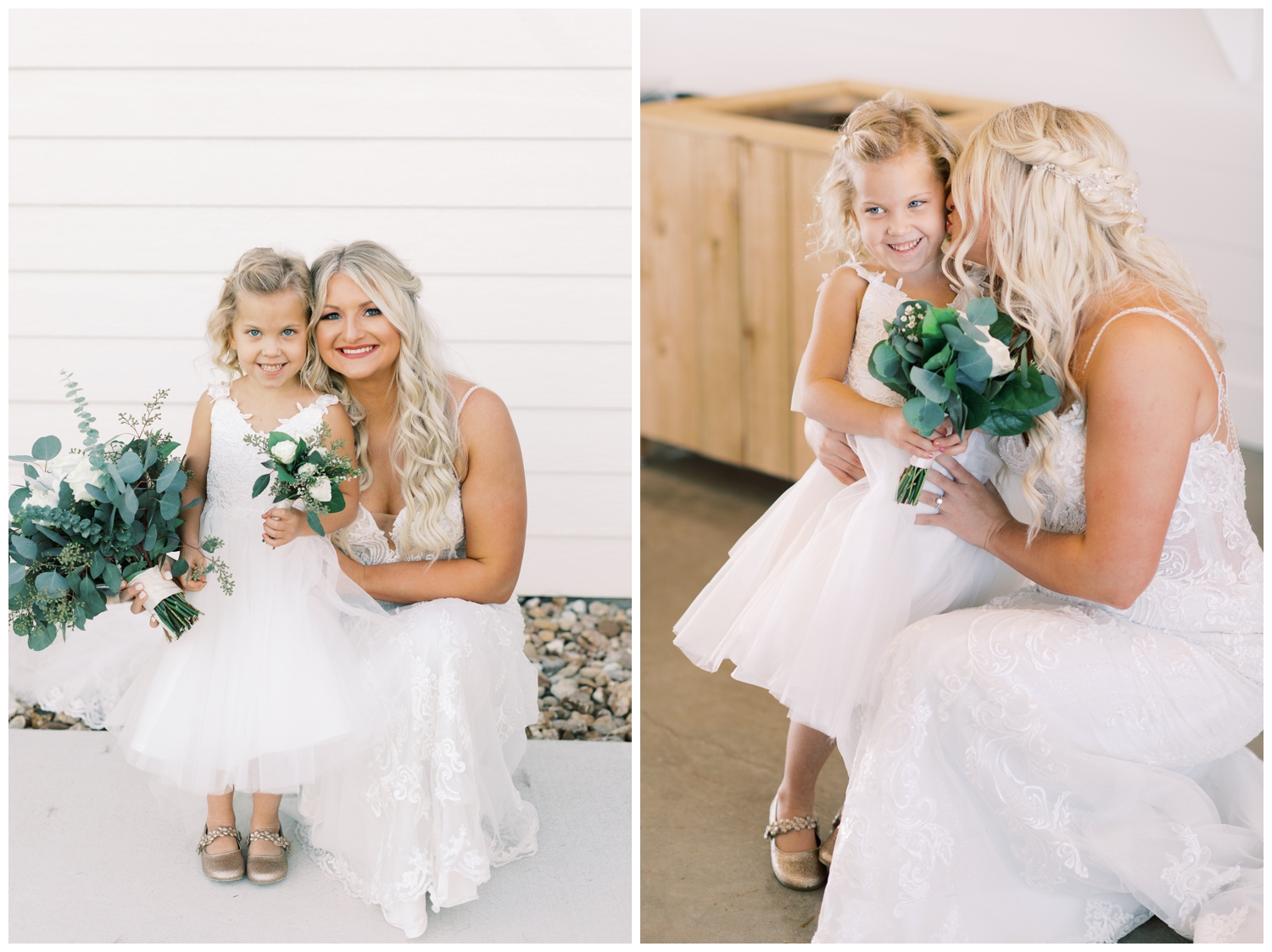 bride posing with flower girl