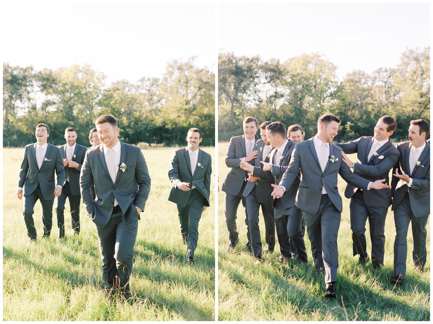 groomsmen portraits running across lawn at Deep In the Heart Farms