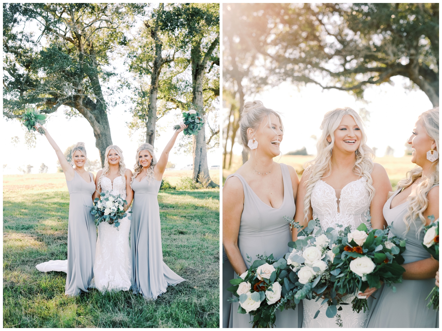 bride with bridesmaids laughing during portraits outdoors