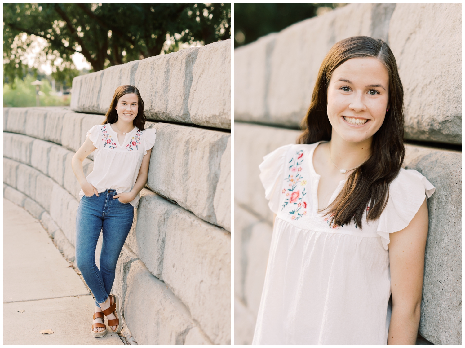a Houston photography senior session with a girl leaning on a gray wall