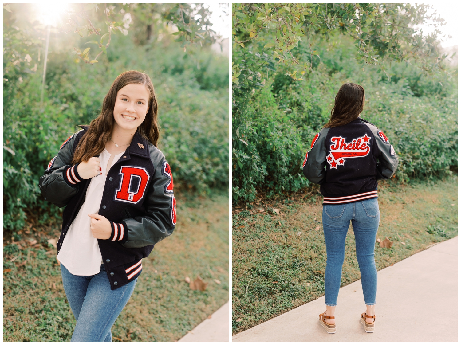 high school girl posing in her letter jacket a field in Houston, Texas