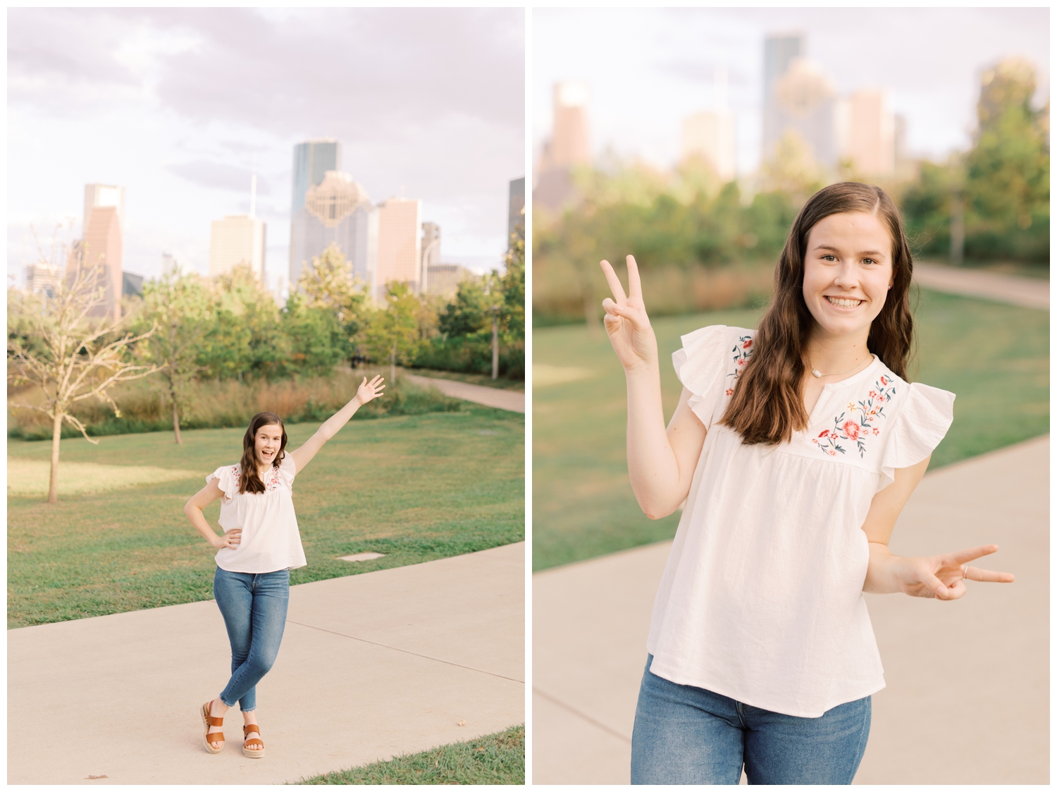 high school senior posing at Eleanor Tinsley Park in front of the Houston skyline