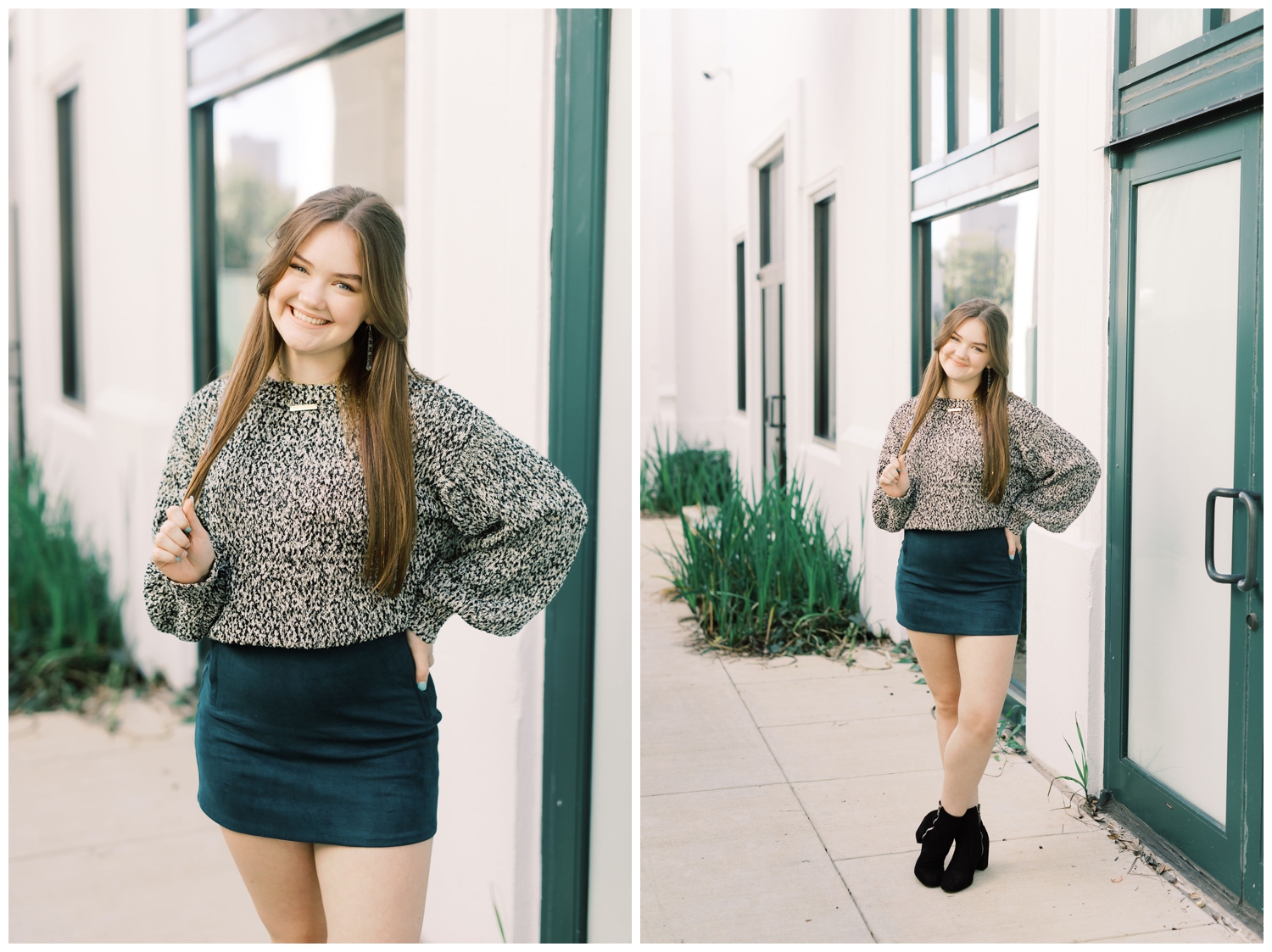senior photography session with girl in black skirt and booties