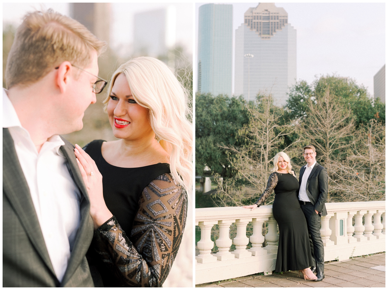 engaged couple smiling in front ofHouston skyline