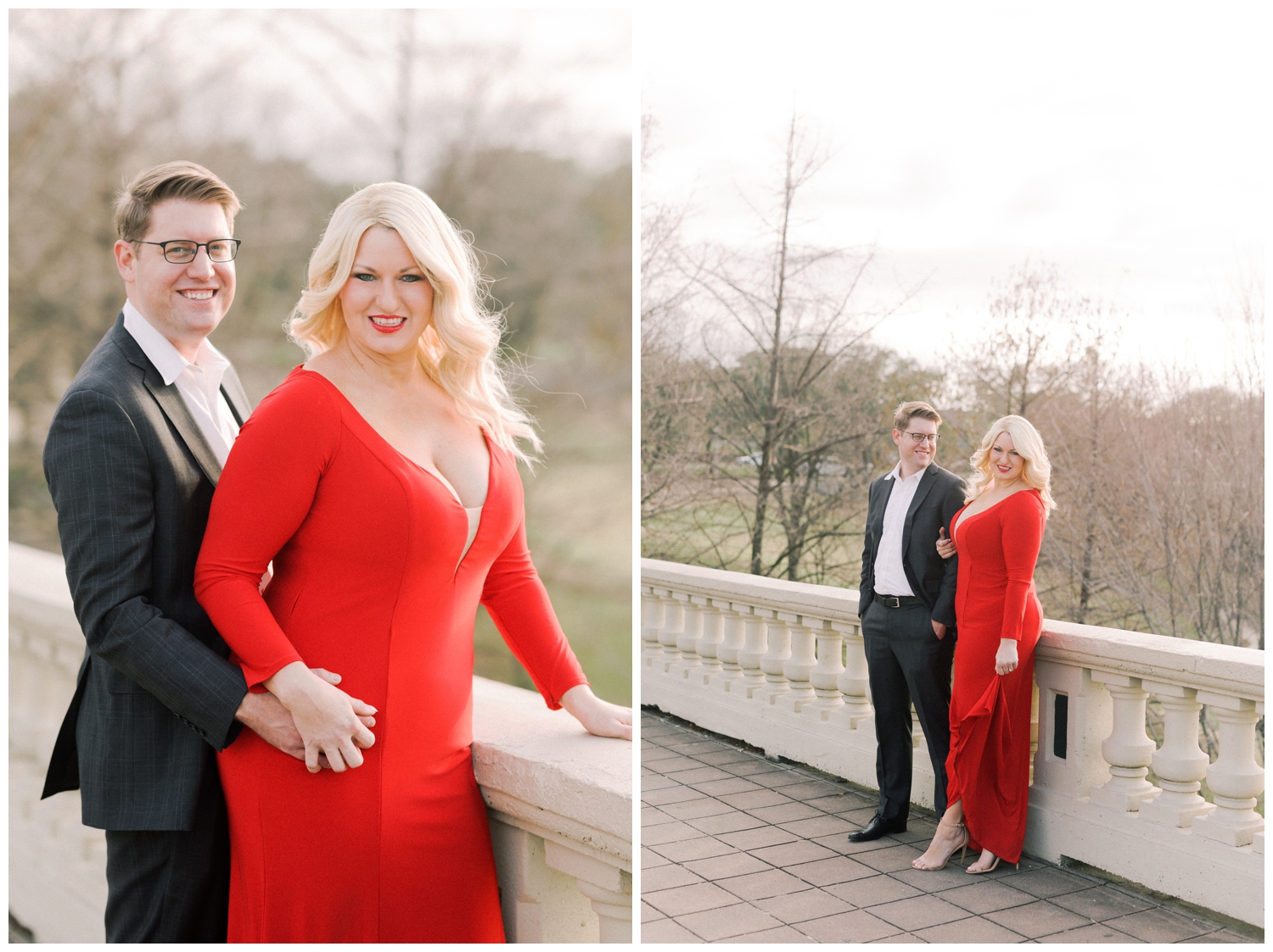 couple posing on Sabine bridge in red dress and suit